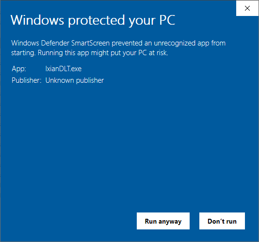 Ixian DLT Windows Defender SmartScreen Run anyway